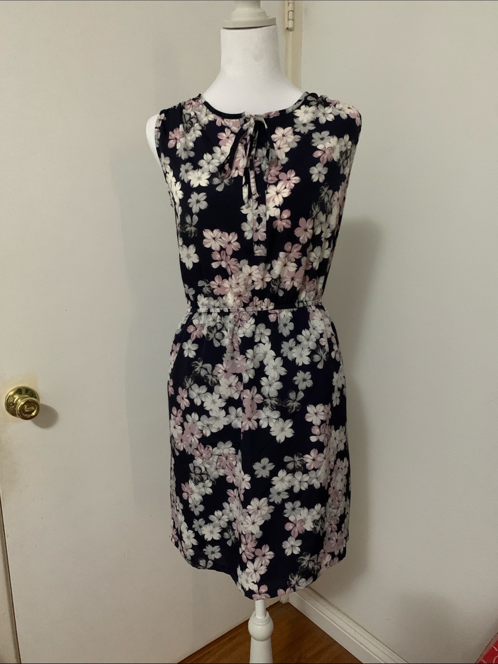 LOFT Navy Floral Tie-Neck Midi Dress